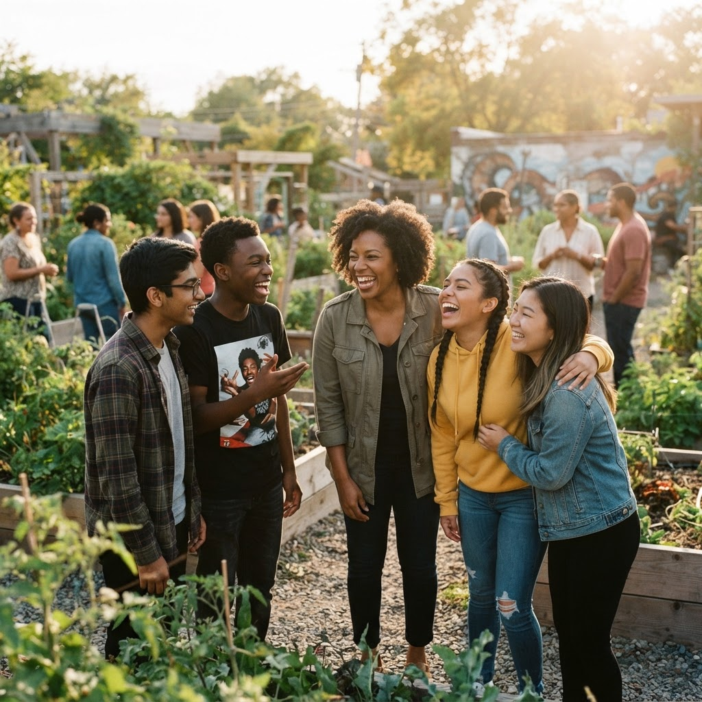 Young people laughing together with a youth mentor outdoors